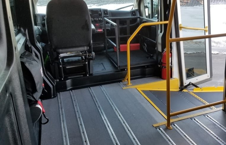 Flexible seat and wheelchair positions in MoveMobility Ram Promaster wheelchair vehicle