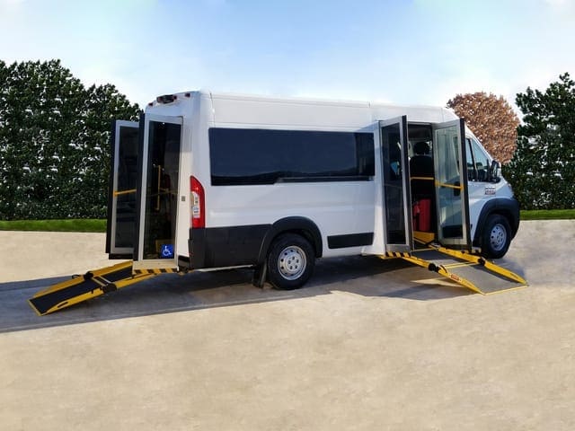 Dual entry ram promaster 3500 wheelchair accessible van with rear entry and side entry ramps for wheelchair and mobility access