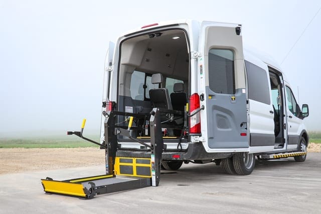 ford transit with rear hydraulic braunability lift for wheelchair access by movemobility