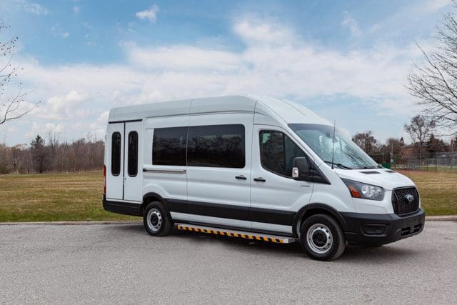 Side Entry Ford Transit T6 wheelchair van parked at Neilson Creative Centre in Mississauga, ON