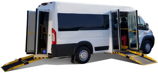 Dual entry wheelchair van with ramps in rear and side deployed