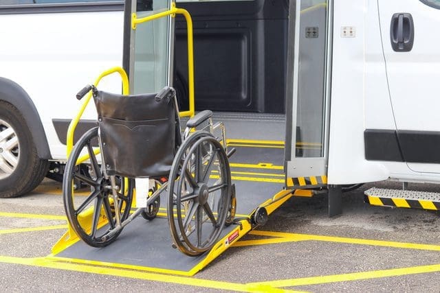 Wheelchair on a side entry ramp of a wheelchair van
