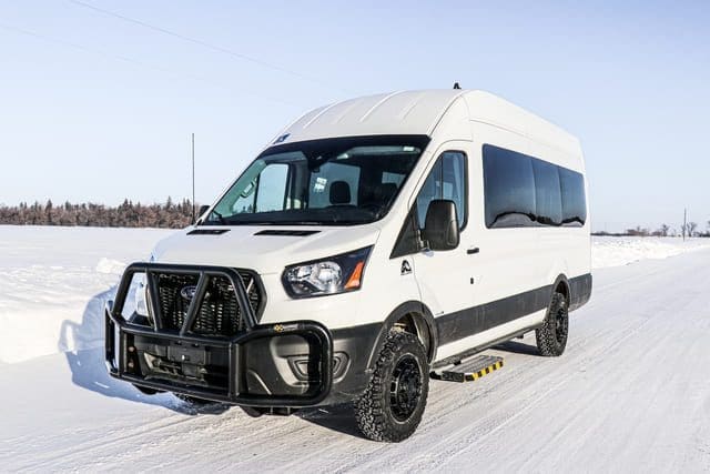 Front view of Ford Transit off-road wheelchair van with trail edition upgrade.