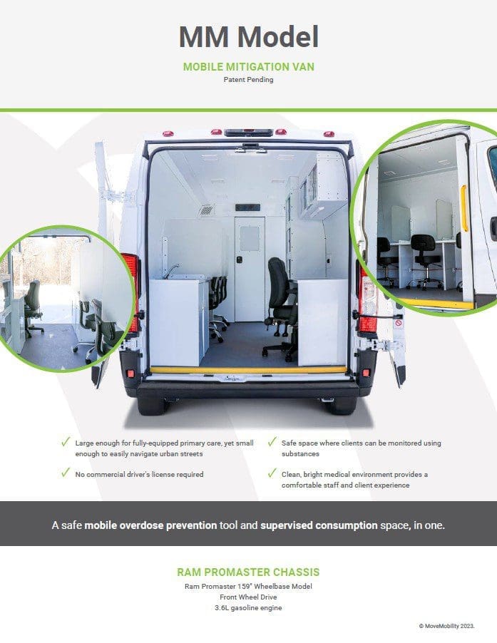 Page one of the brochure for the Mobile Mitigation van, also known as the MM Model, used for overdose prevention.