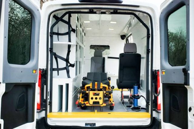 Ford Transit mobile medical van with storage cabinets and stretcher system